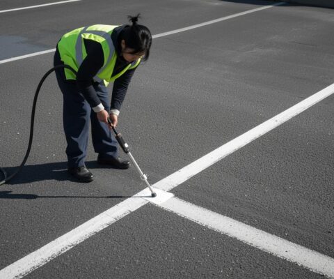 Person doing line marking in parking lot Person doing line marking in parking lot
